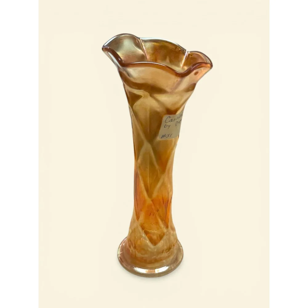 Antique Dugan Marigold Carnival Glass Lattice & Points Vase 9” Tall Ruffled Rim